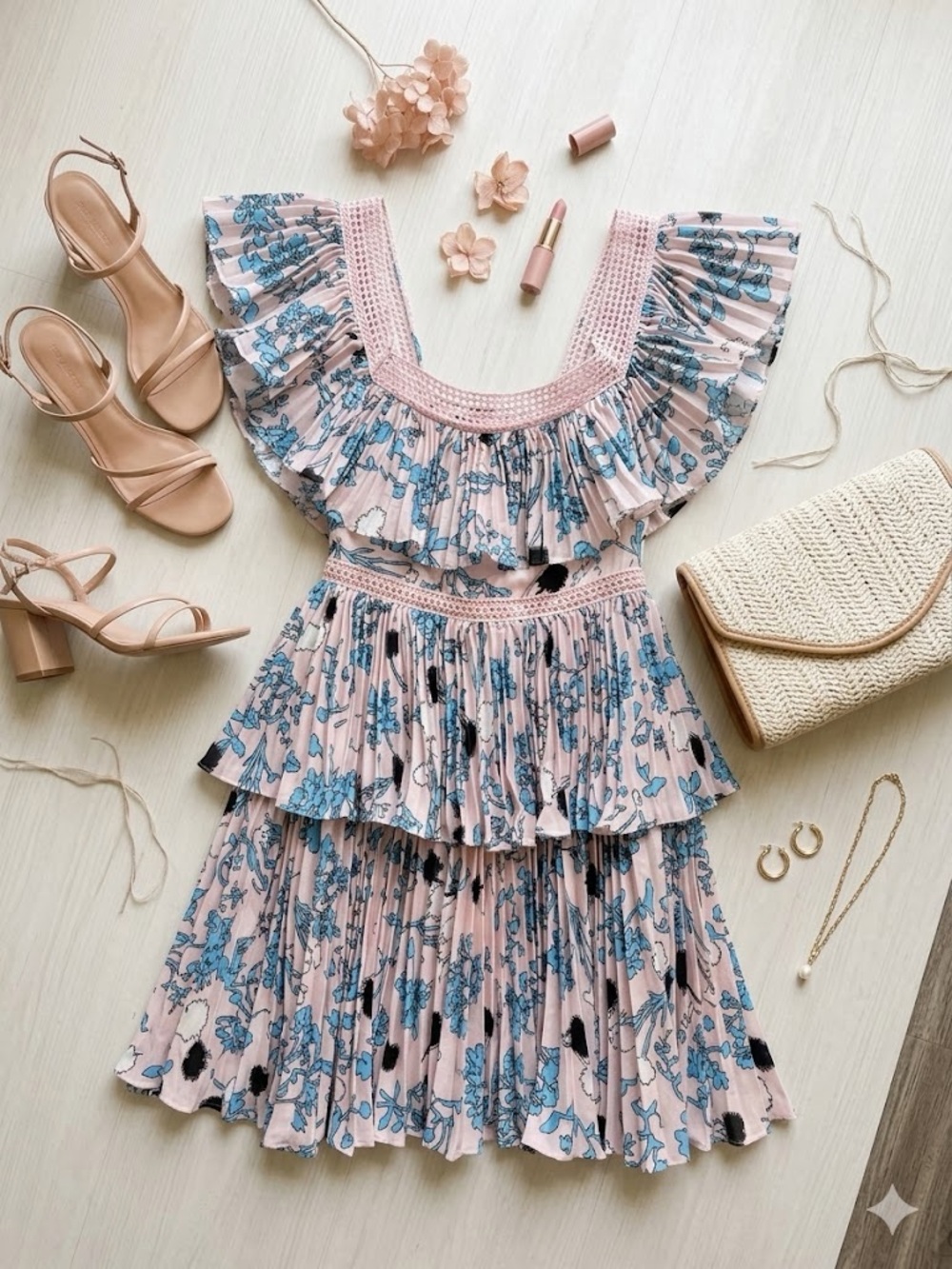 Self-Portrait Pink Floral Tiered Ruffle Dress with Blue Accents